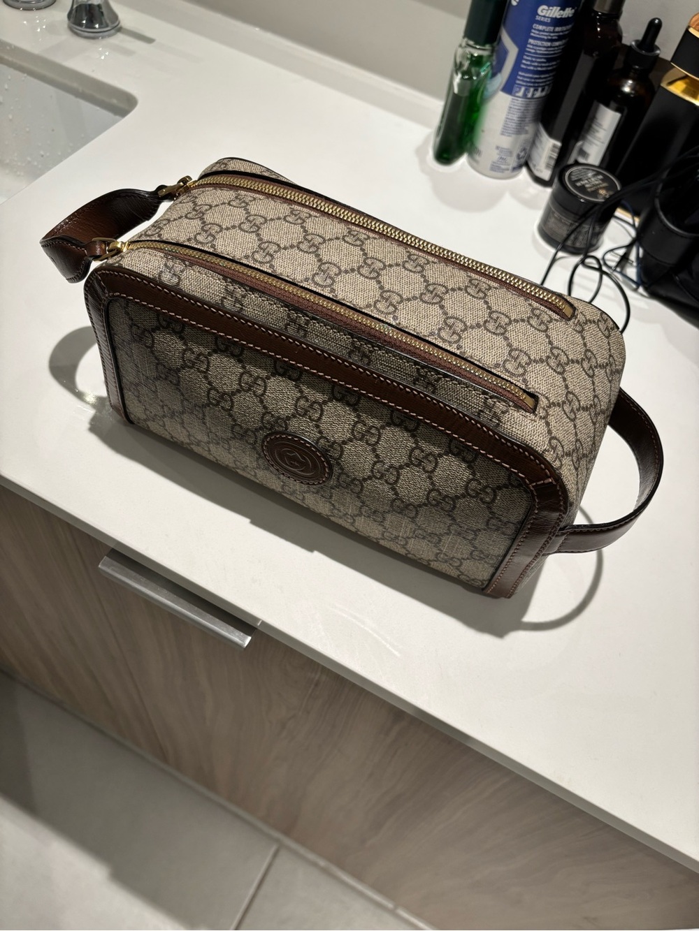 Gucci Beige GG Supreme Canvas & Brown Leather Toiletry Pouch